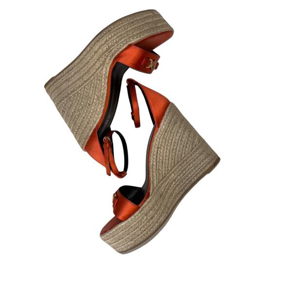 Versace Medusa Orange Coral Satin Espadrille Platform Wedge Sandals Size 41 - Picture 11 of 16